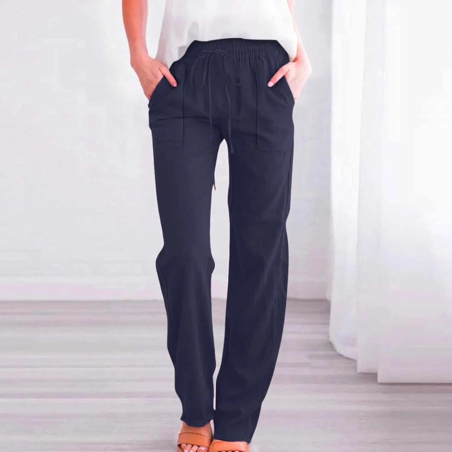 YRAETENM Womens Casual Linen Pants Lightweight Drawstring Elastic Waist Beach Slacks Summer Casual Loose Comfy Long Trousers