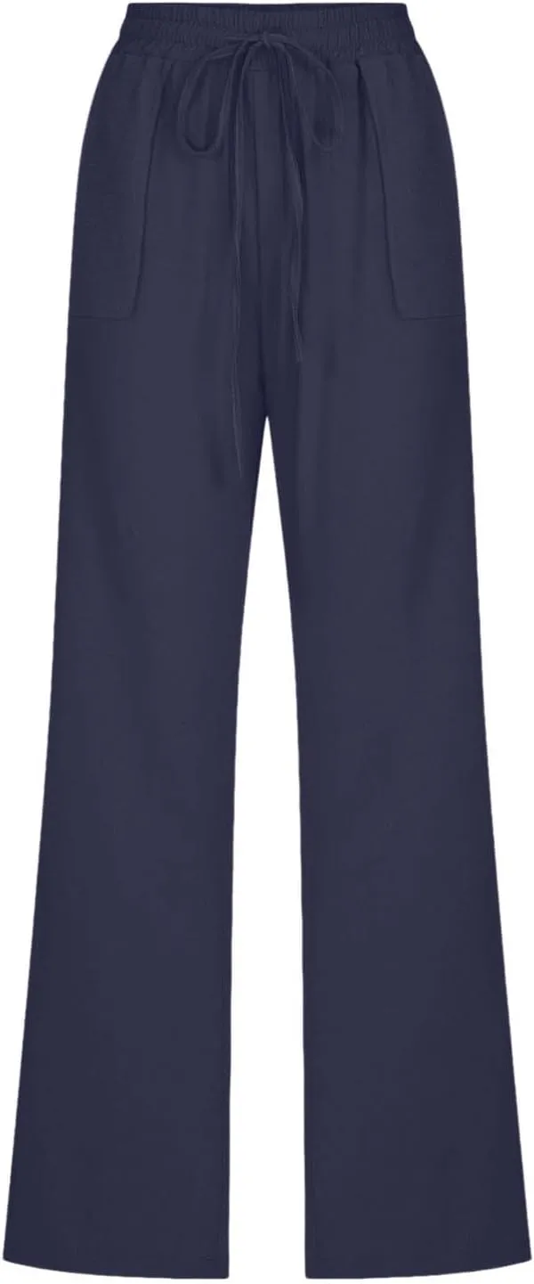 YRAETENM Womens Casual Linen Pants Lightweight Drawstring Elastic Waist Beach Slacks Summer Casual Loose Comfy Long Trousers