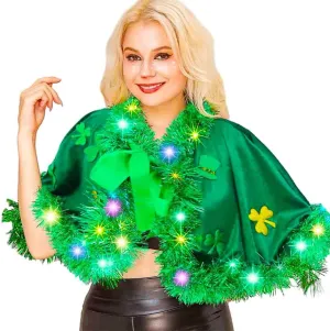Zoestar Light Up St. Patrick's Day Fluffy Cloak Green Shamrock Velvet Cape Irish Festival Party Costume for Women and Girls